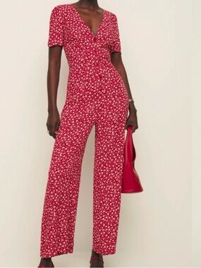 Reformation Red Floral V-Neck Short-Sleeve Wide-Leg Jumpsuit